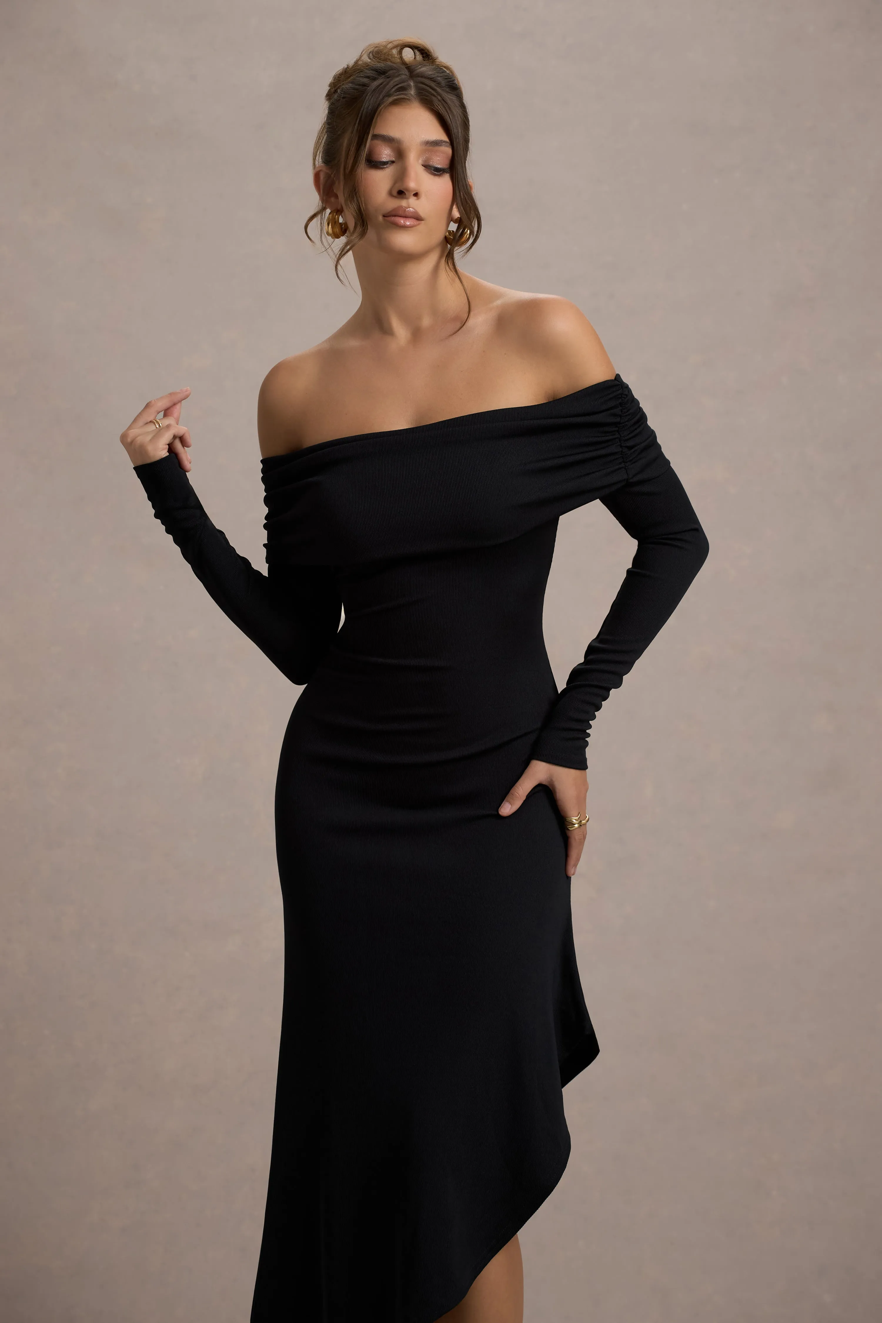 Romina | Black Rib Knit Bardot Maxi Dress With Asymmetric Hem