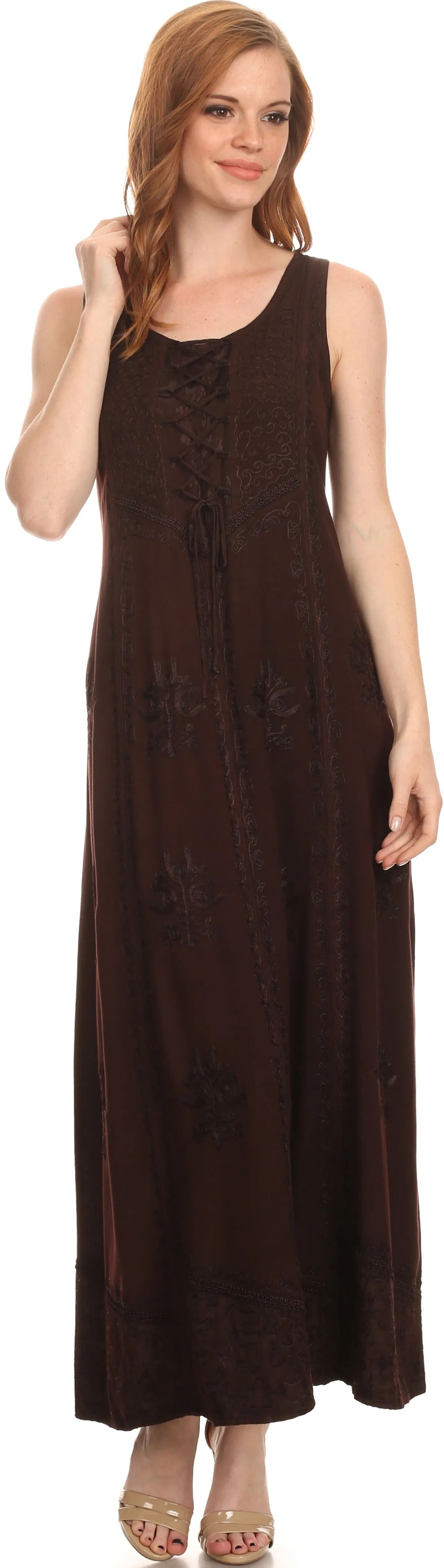 Sakkas Stella Long Tank Top Adjustable Caftan Corset Dress With Embroidery