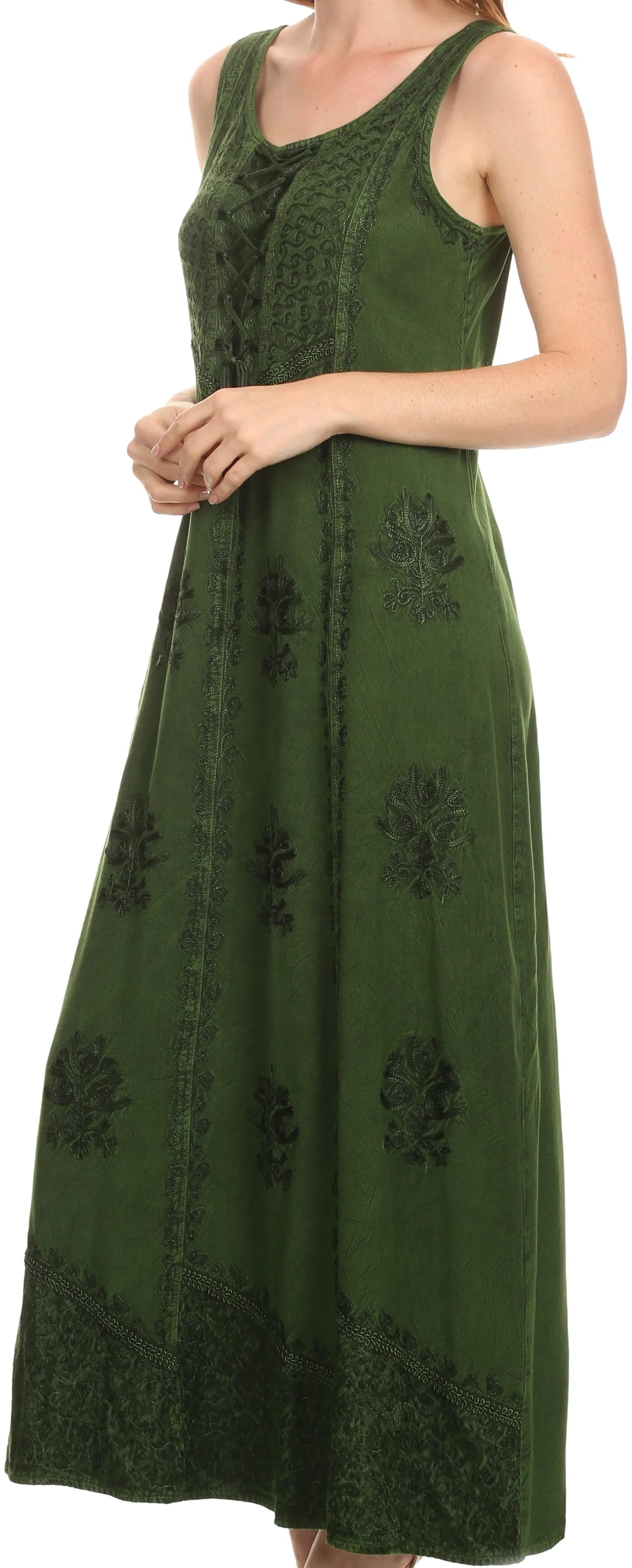 Sakkas Stella Long Tank Top Adjustable Caftan Corset Dress With Embroidery