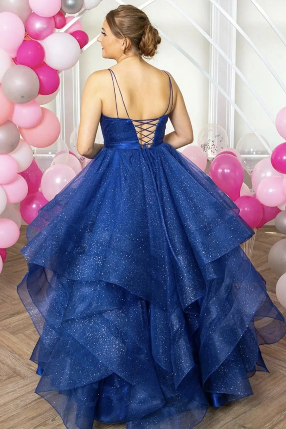 Shiny V Neck Backless Fluffy Blue Long Prom Dress, V Neck Blue Formal Evening Dress, Blue Ball Gown A1318