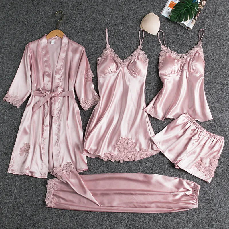 Silk Pajamas Bedroom Nightwear 5-piece Set