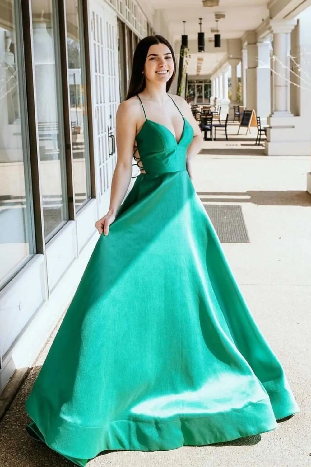 Simple V Neck Green Satin Long Prom, V Neck Green Formal Graduation Evening