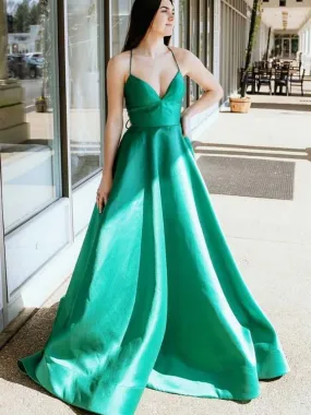 Simple V Neck Green Satin Long Prom, V Neck Green Formal Graduation Evening