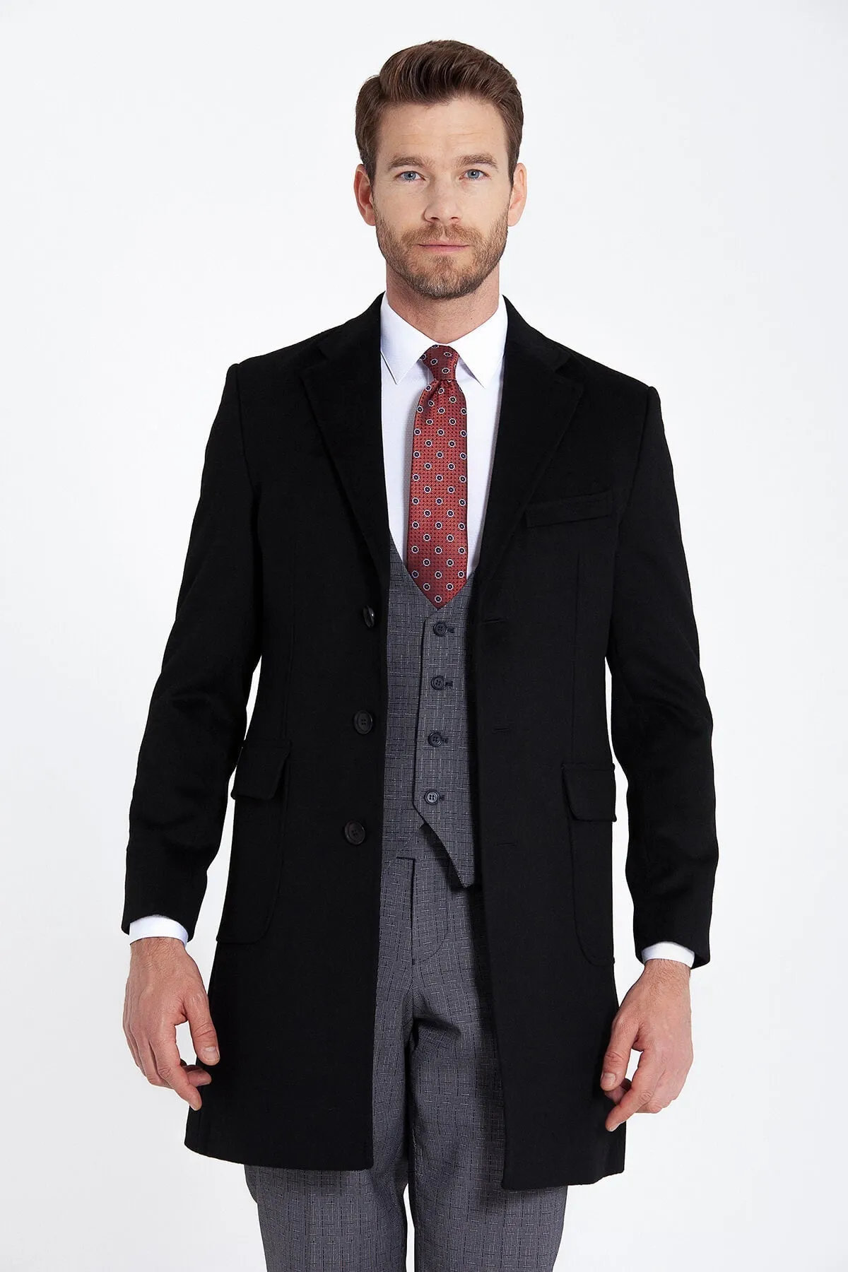 Slim Fit Cachet Notch Lapel Black Wool Blend Overcoat