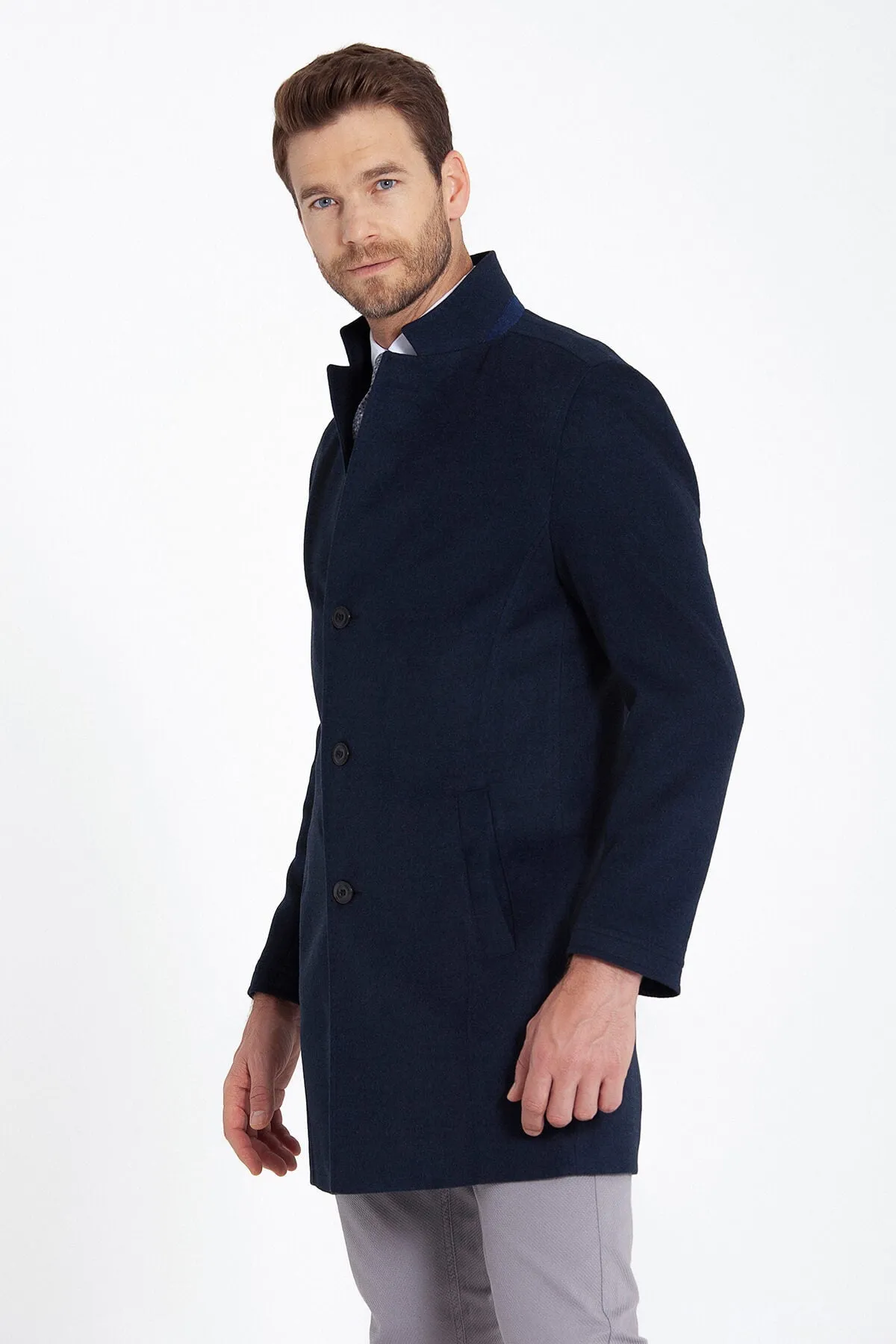 Slim Fit Cachet Notch Lapel Light Navy Overcoat