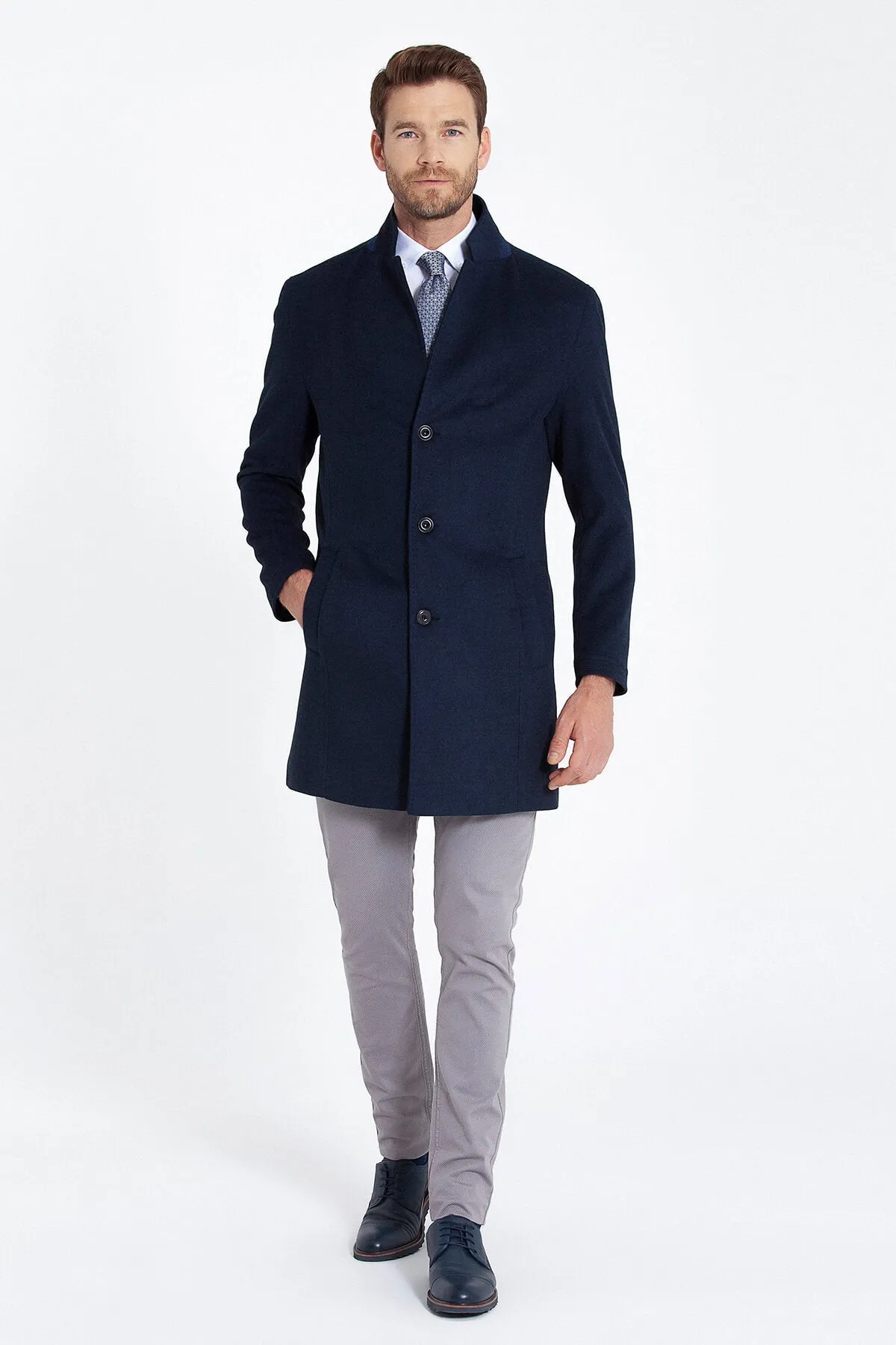 Slim Fit Cachet Notch Lapel Light Navy Overcoat