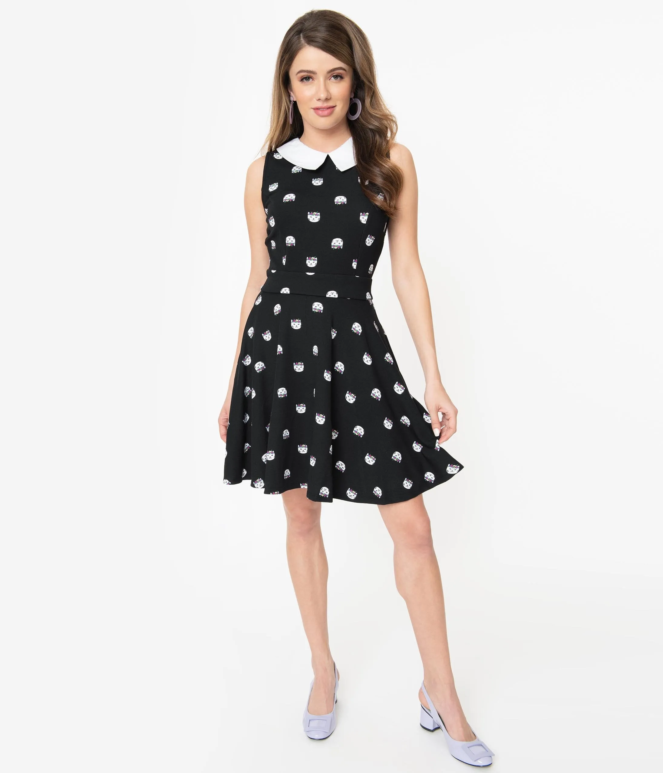 Smak Parlour Black Cat Print Female Forward Sleeveless Flare Dress