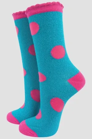 Sock Talk Turquoise/Pink Polka Dot Glitters Socks