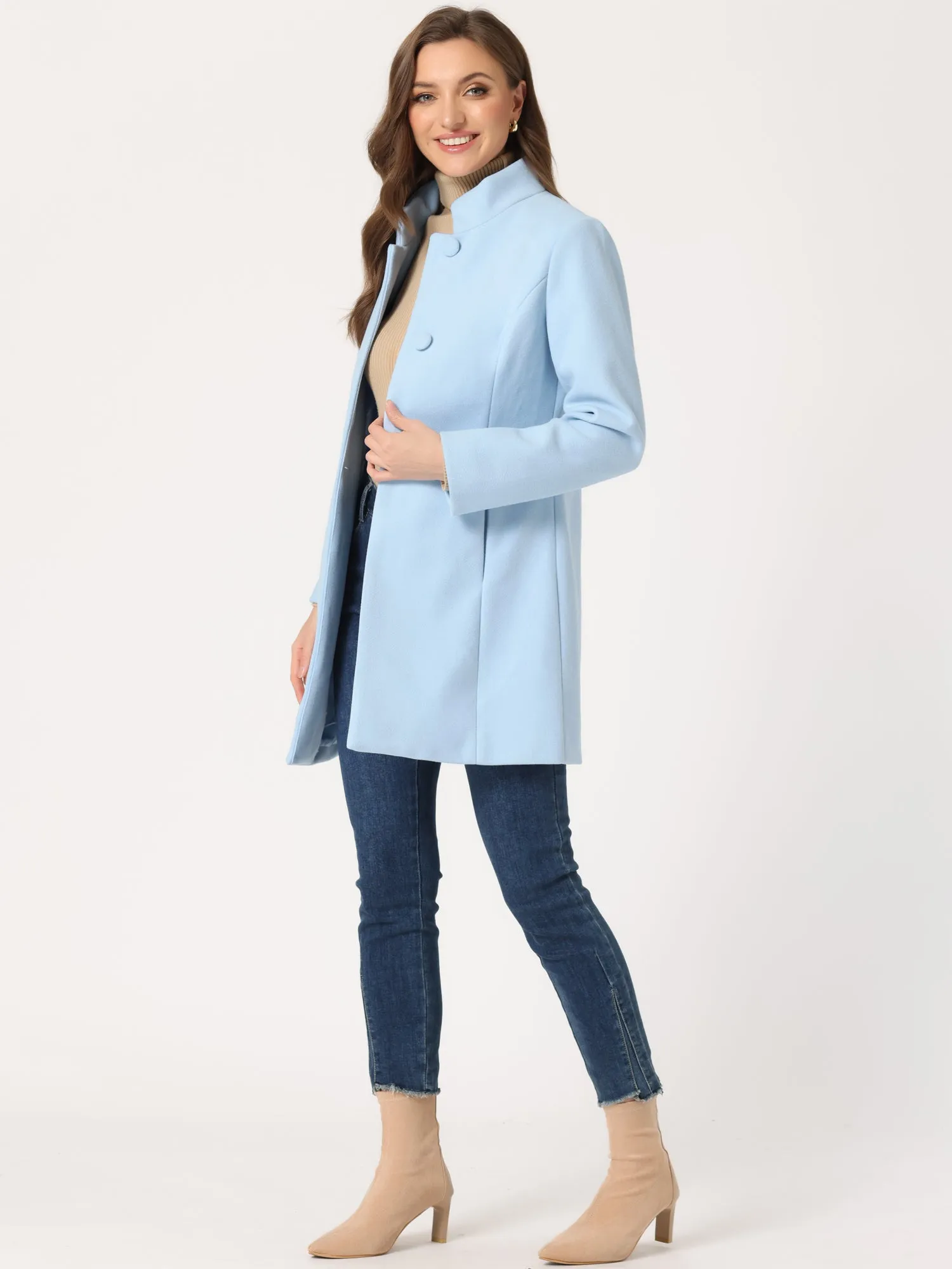 Stand Collar Single Breasted Solid Color Pea Coat