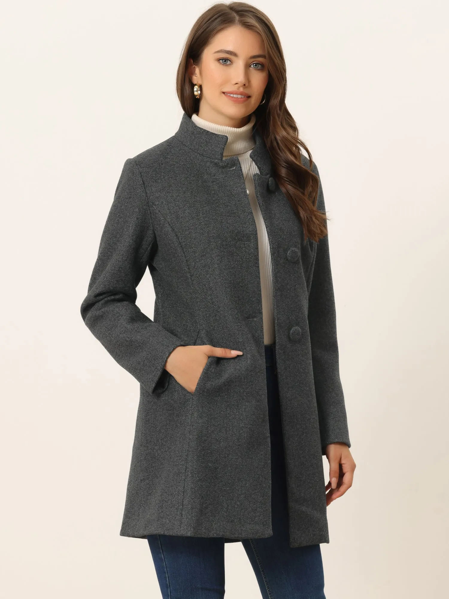 Stand Collar Single Breasted Solid Color Pea Coat