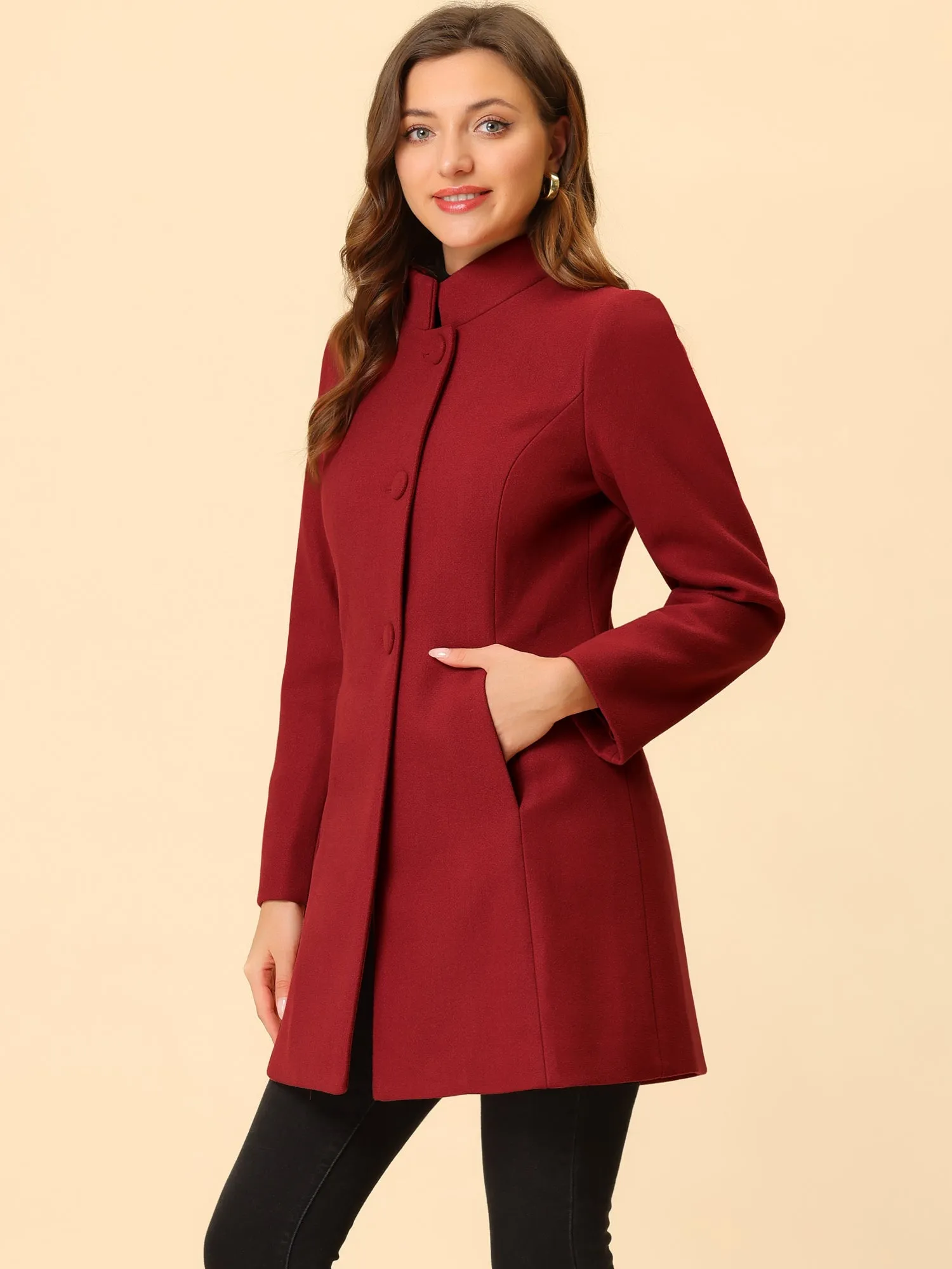 Stand Collar Single Breasted Solid Color Pea Coat