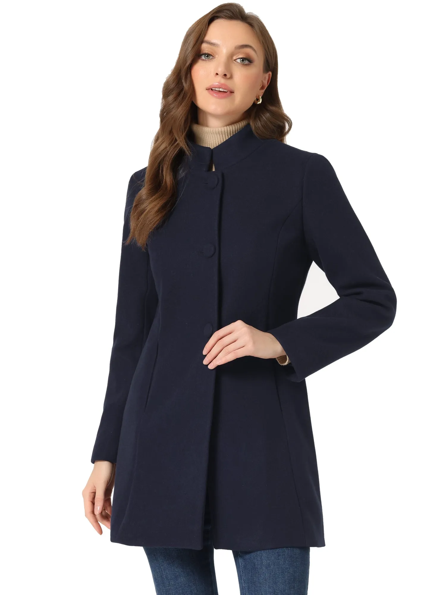 Stand Collar Single Breasted Solid Color Pea Coat