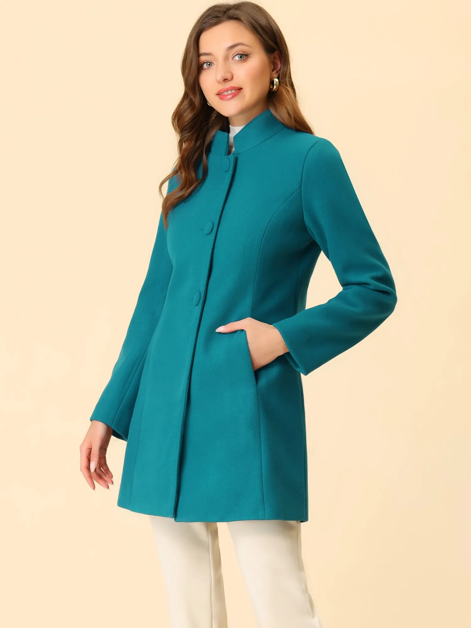 Stand Collar Single Breasted Solid Color Pea Coat