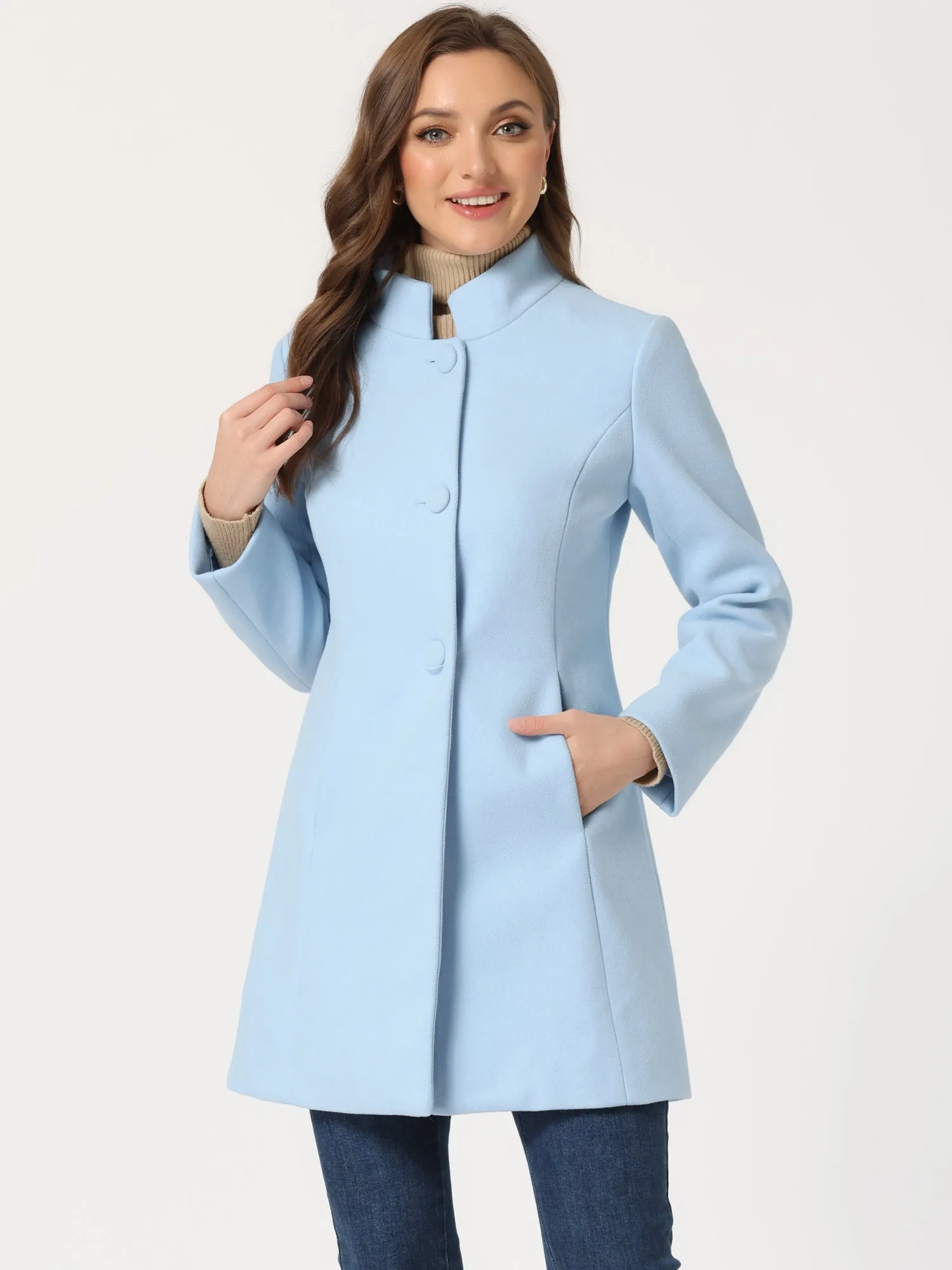 Stand Collar Single Breasted Solid Color Pea Coat