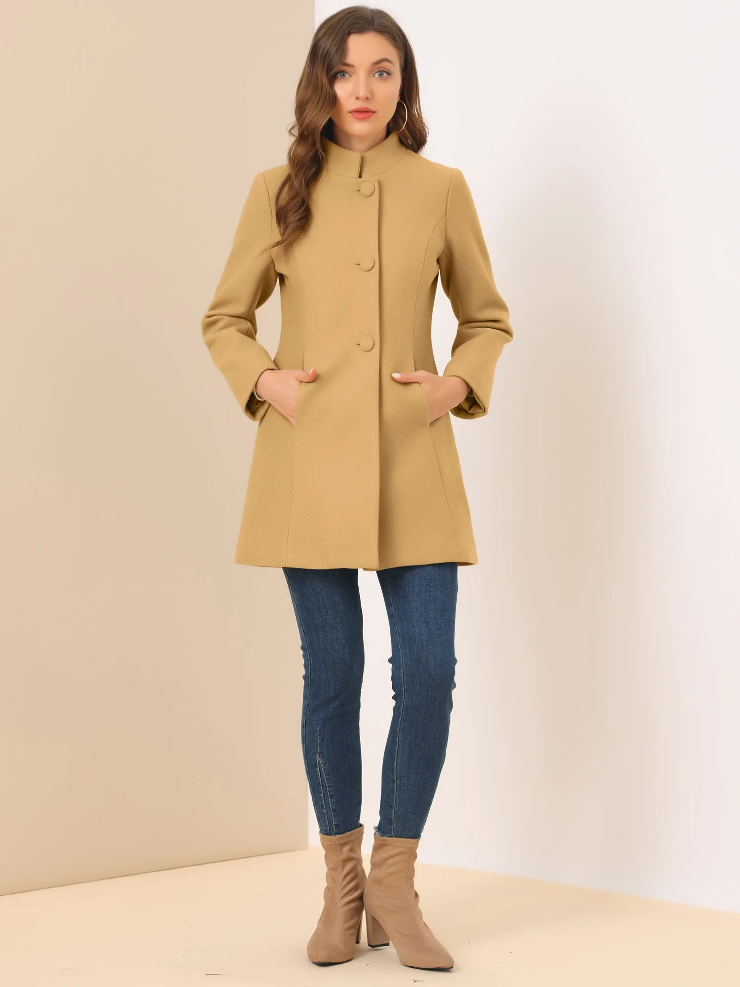 Stand Collar Single Breasted Solid Color Pea Coat