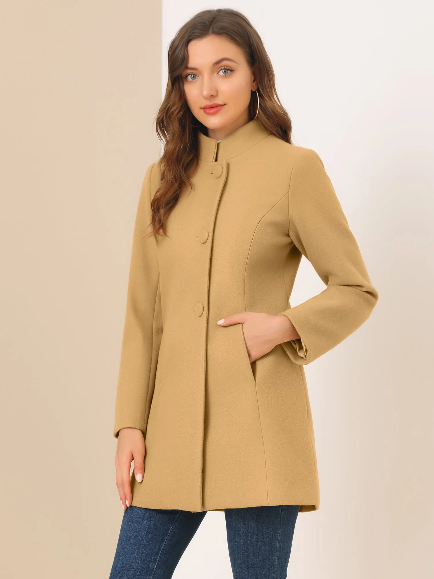 Stand Collar Single Breasted Solid Color Pea Coat