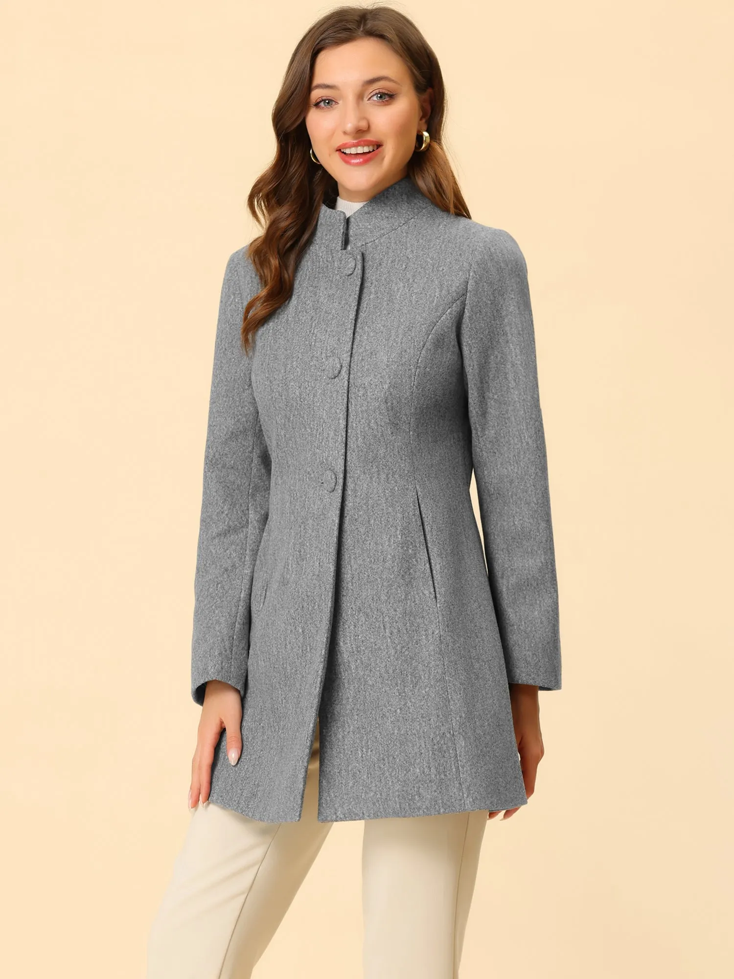 Stand Collar Single Breasted Solid Color Pea Coat