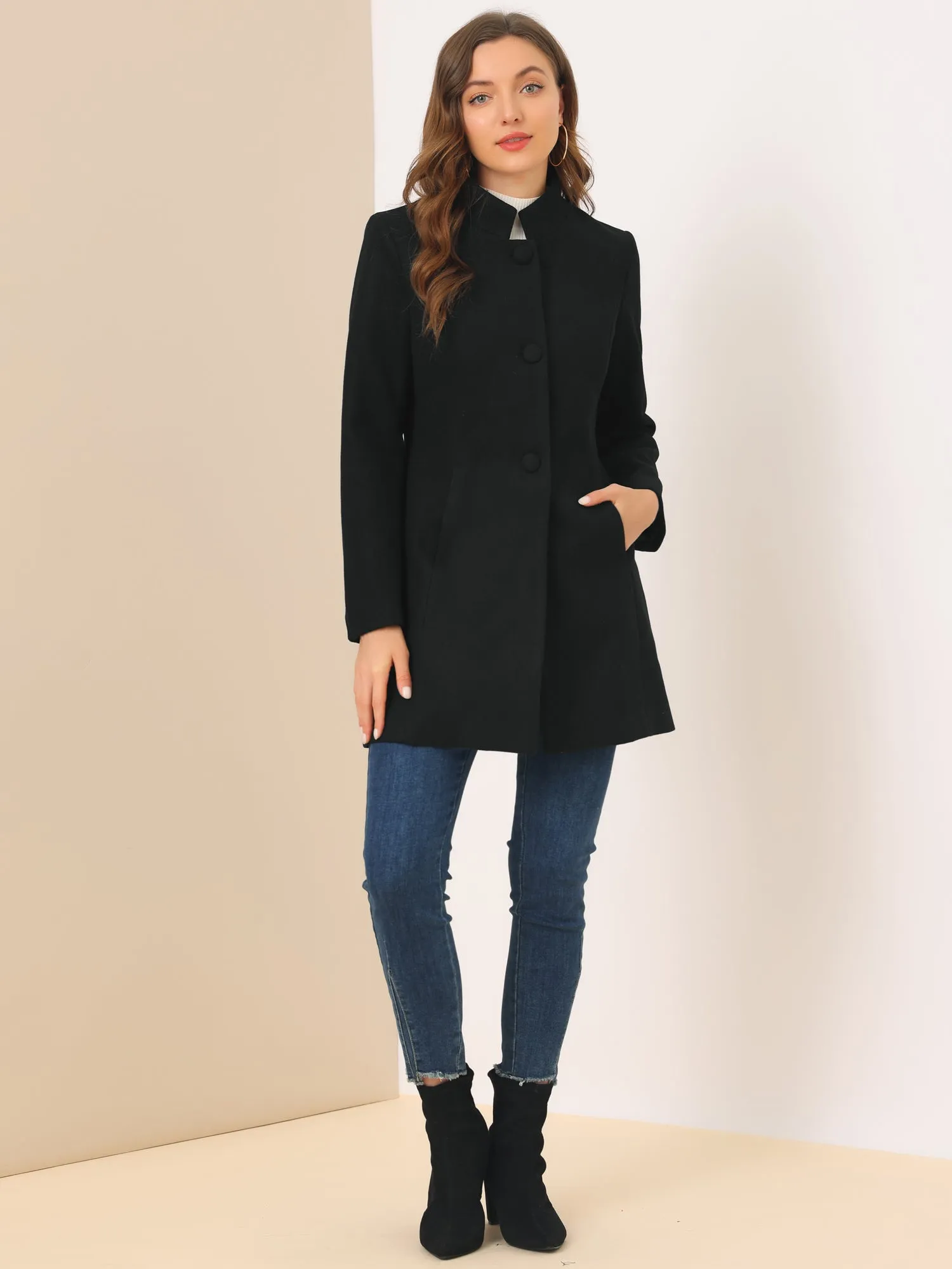 Stand Collar Single Breasted Solid Color Pea Coat