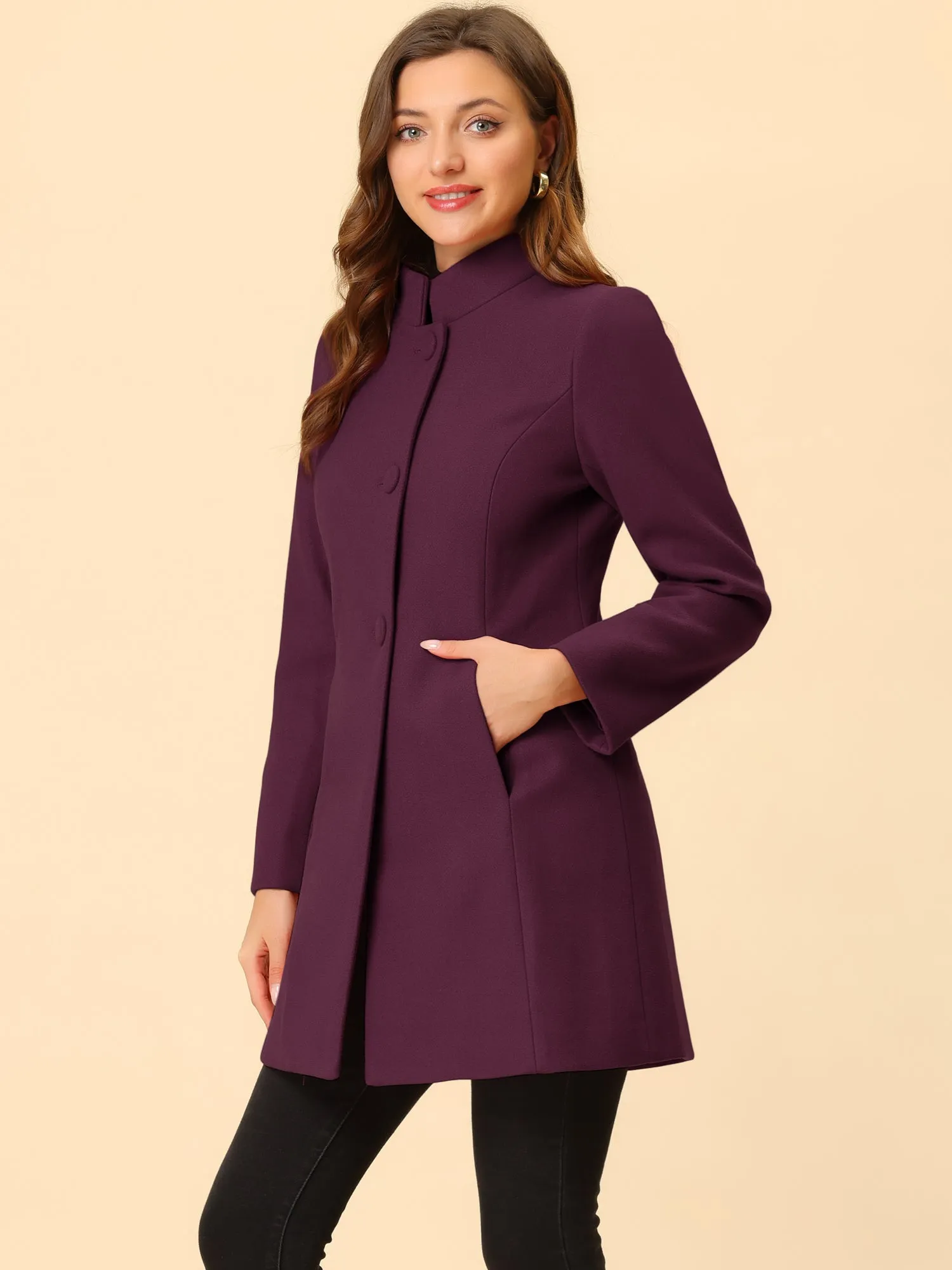 Stand Collar Single Breasted Solid Color Pea Coat