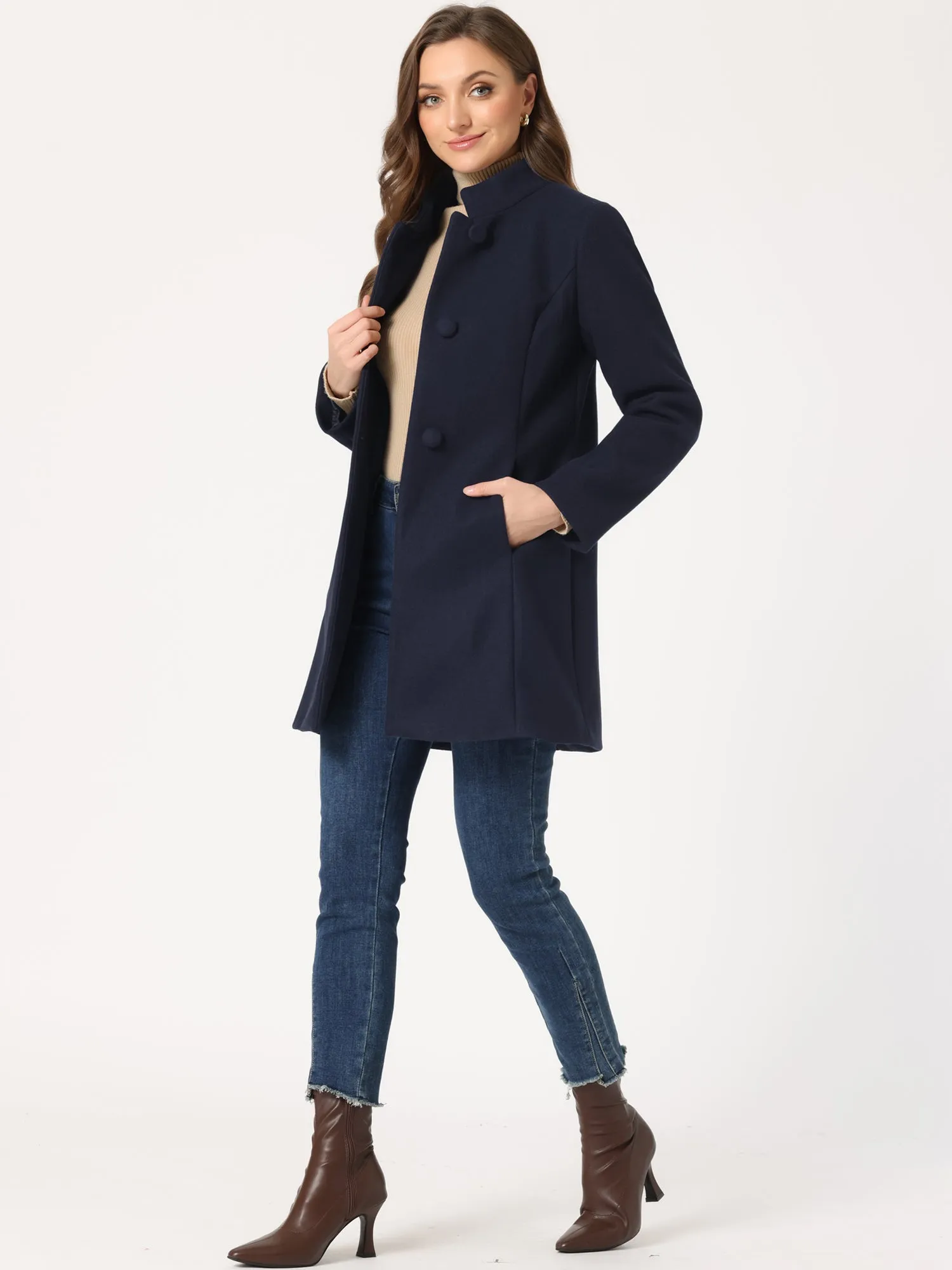 Stand Collar Single Breasted Solid Color Pea Coat