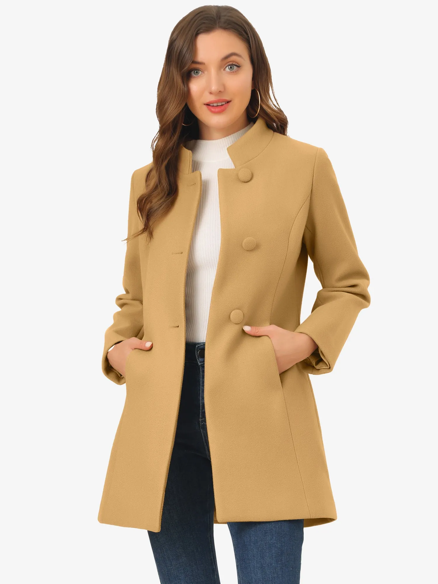 Stand Collar Single Breasted Solid Color Pea Coat