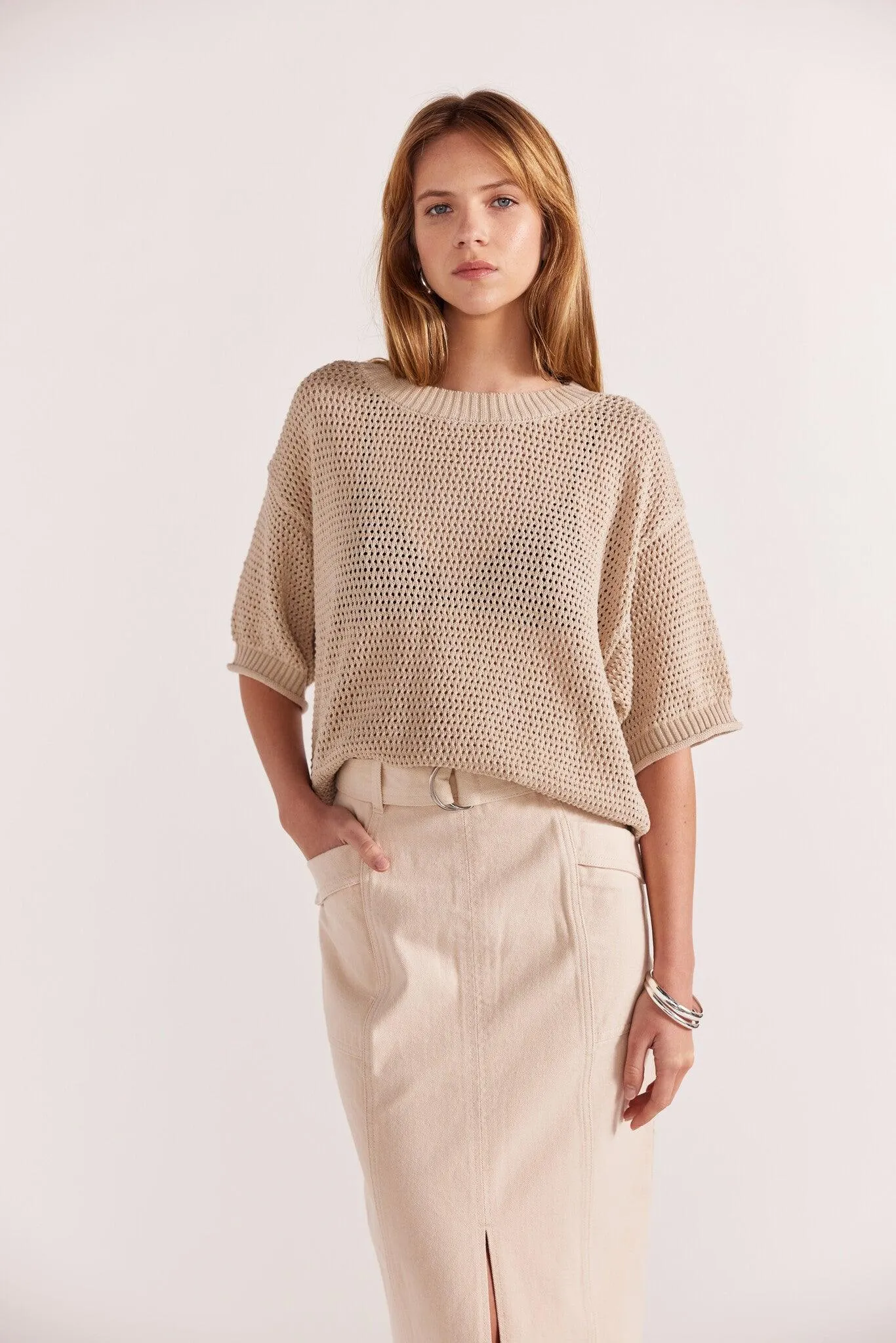 Staple the Label Nora Open Knit Tee in Natural