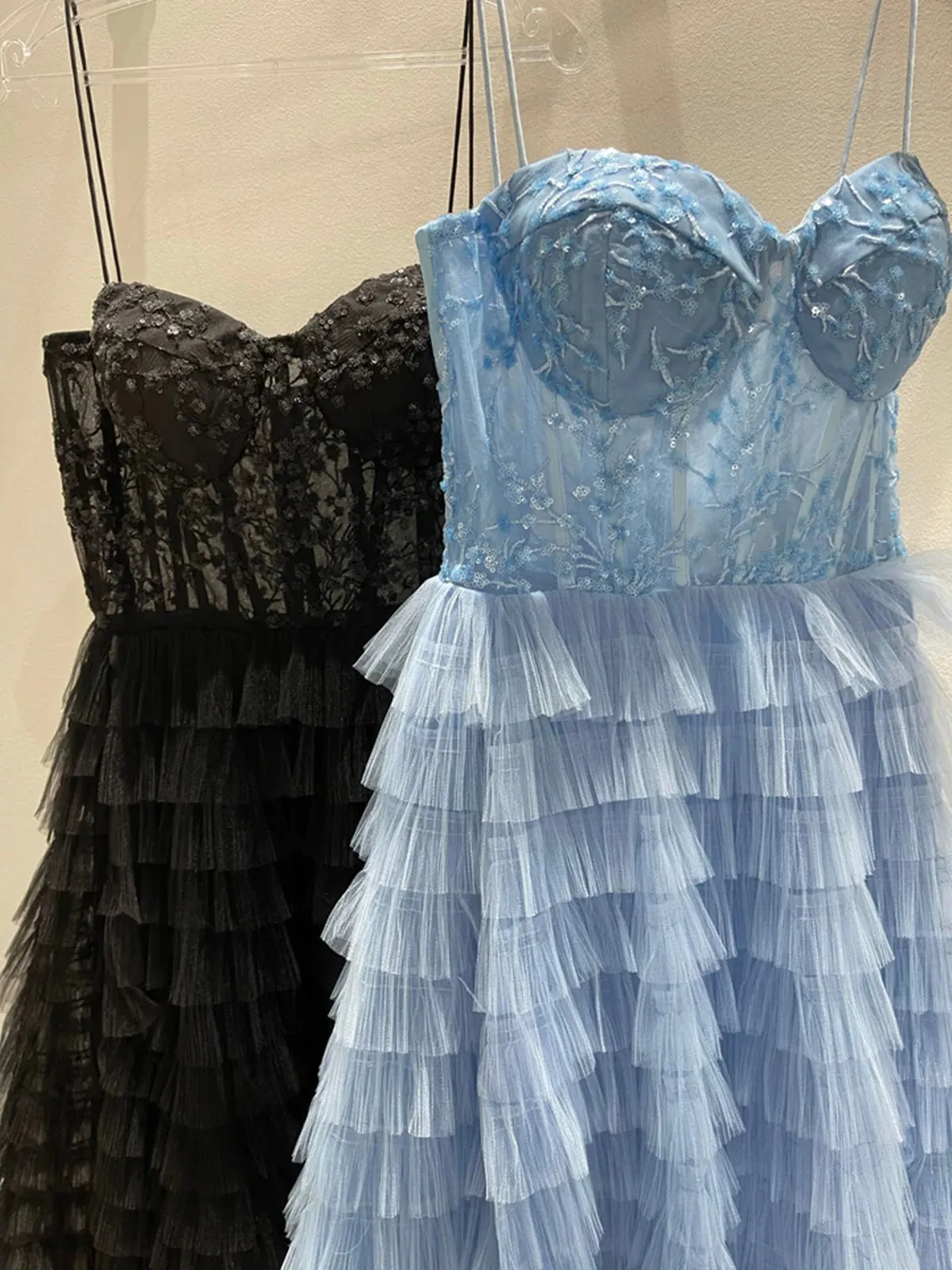 Stunning Strapless Ruffle Layered Blue/Black Lace Long Prom Dresses with High Slit, Blue/Black Lace Tulle Formal Evening Dresses