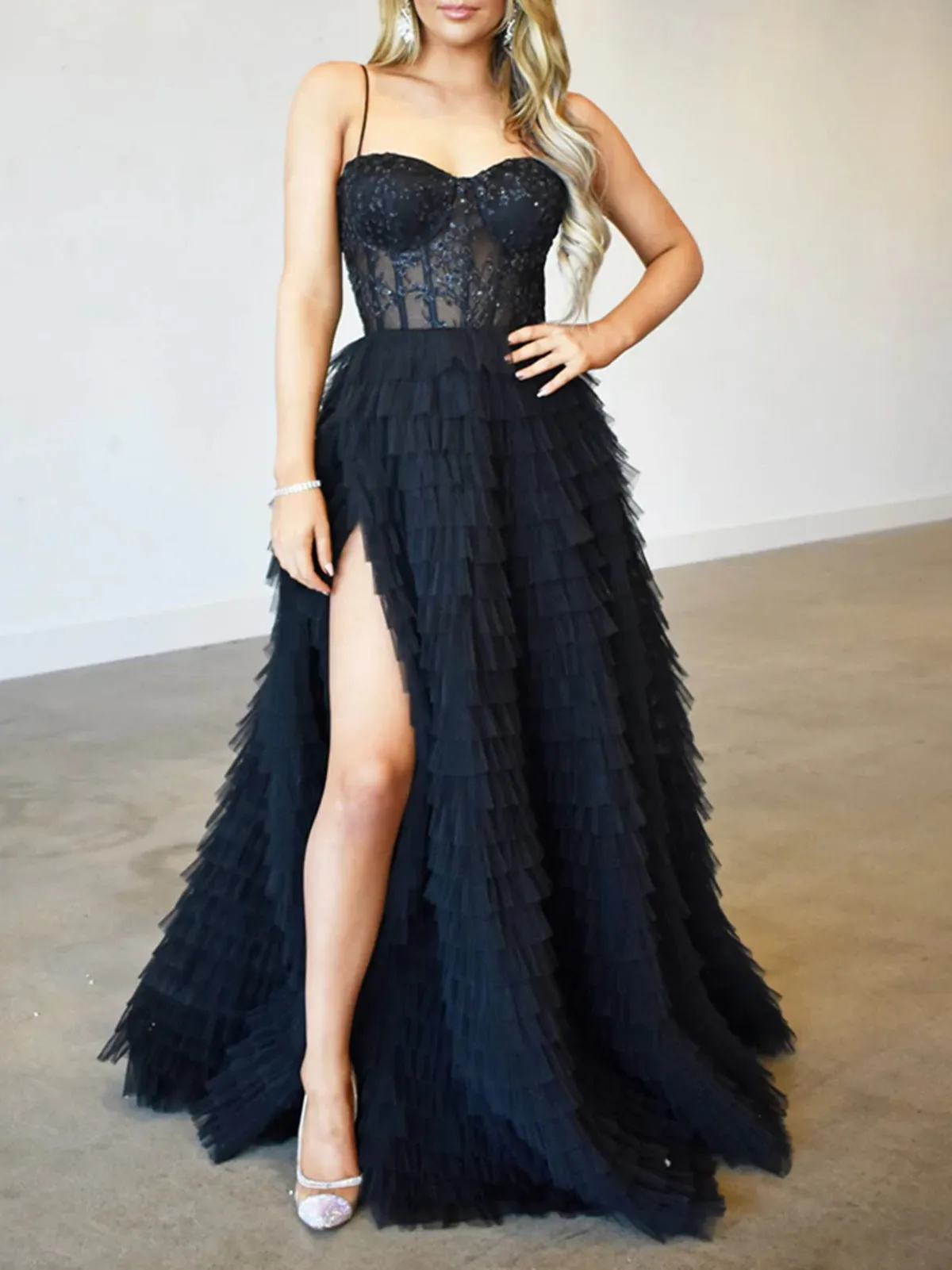 Stunning Strapless Ruffle Layered Blue/Black Lace Long Prom Dresses with High Slit, Blue/Black Lace Tulle Formal Evening Dresses