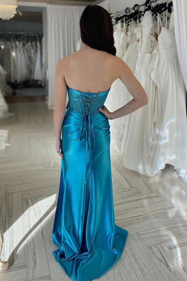 Teal Rhinestone Strapless Sheath Prom Dresses Formal Dress with Slit PSK559