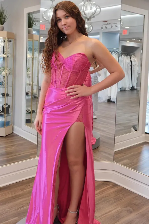 Teal Rhinestone Strapless Sheath Prom Dresses Formal Dress with Slit PSK559