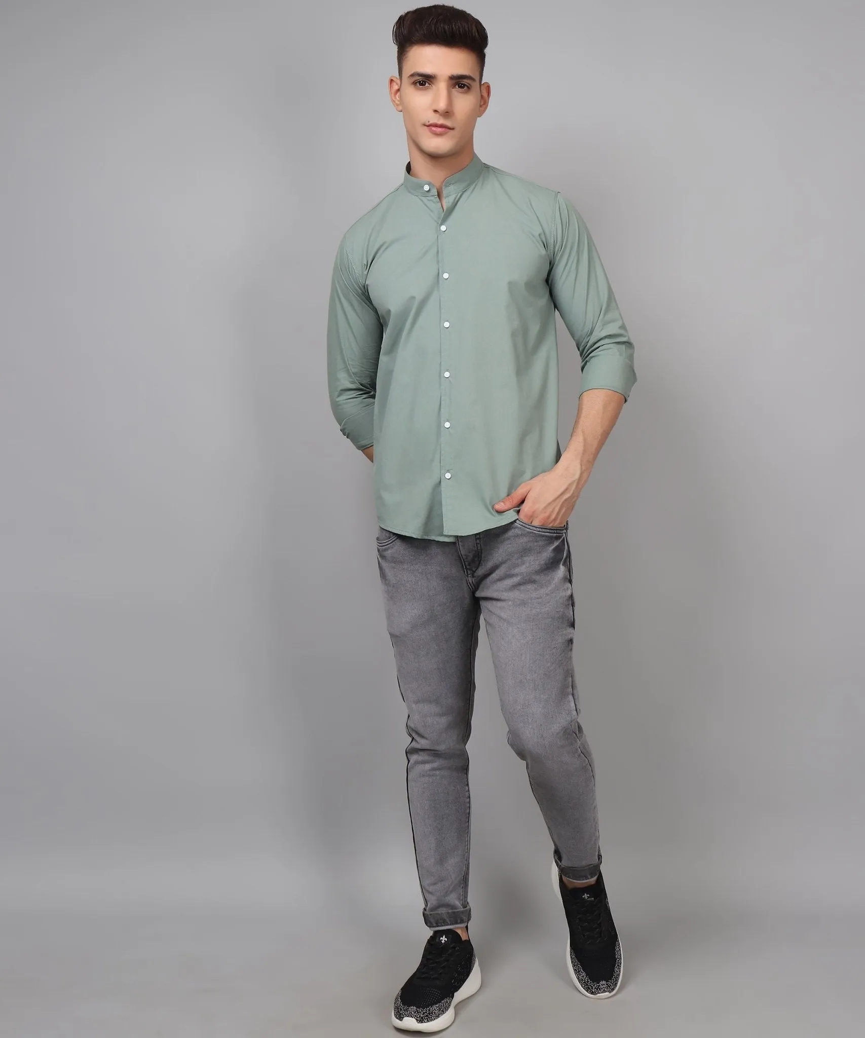 Trybuy Premium Fashionable Cotton Solid Ocean Green Button-Up Shirt For Men