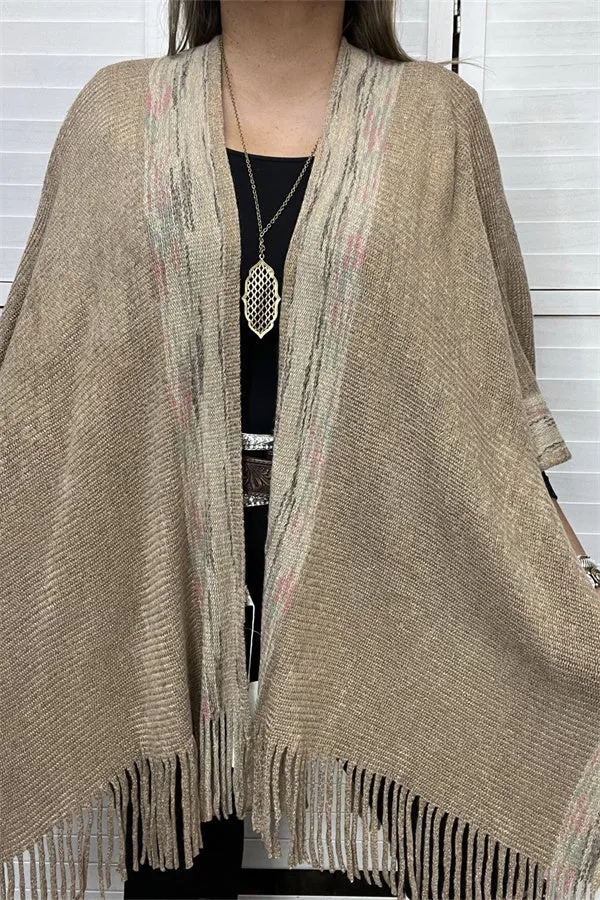 TTY11096 Khaki & multi color shawl w/tassels&fringe for women knitted fabric