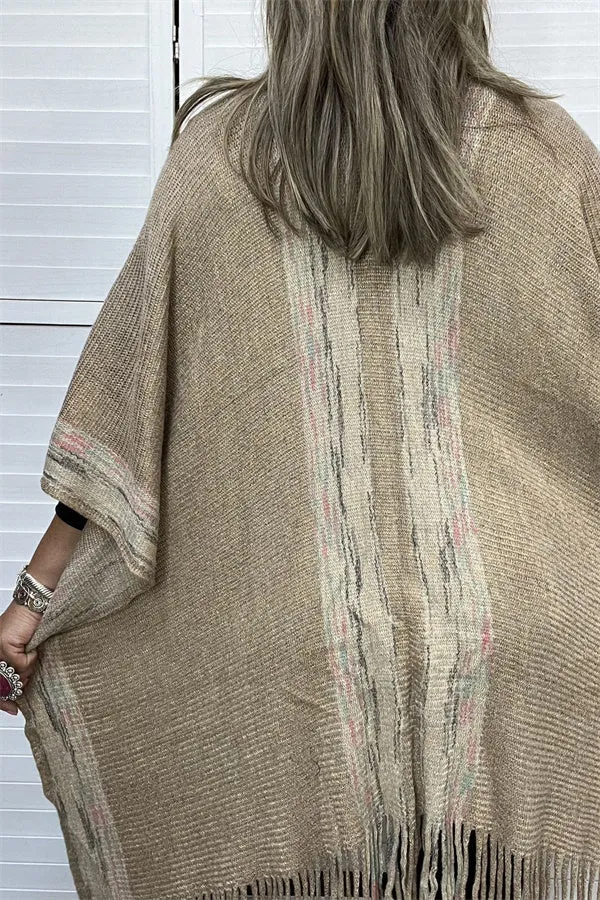 TTY11096 Khaki & multi color shawl w/tassels&fringe for women knitted fabric