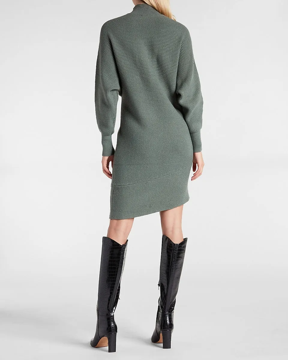 Turtleneck Asymmetrical Hem Midi Sweater Dress in Basil