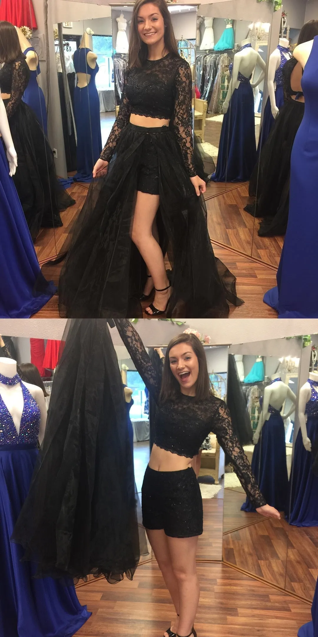 Two Pieces Long Sleeves Lace Black Prom, Two Pieces Black Formal, Evening