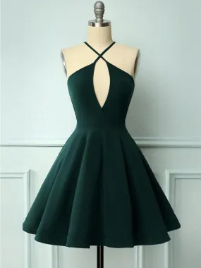 Unique Halter Neck Dark Green Short Prom, Short Dark Green Formal Graduation Homecoming, Cocktail