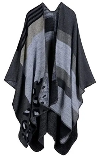 VamJump Women Winter Cashmere Oversized Blanket Poncho Cape Shawl Cardigan Coat, Black-2, One Size