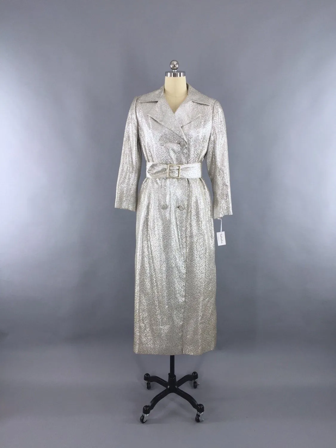 Vintage 1960s Silver Brocade Maxi Coat