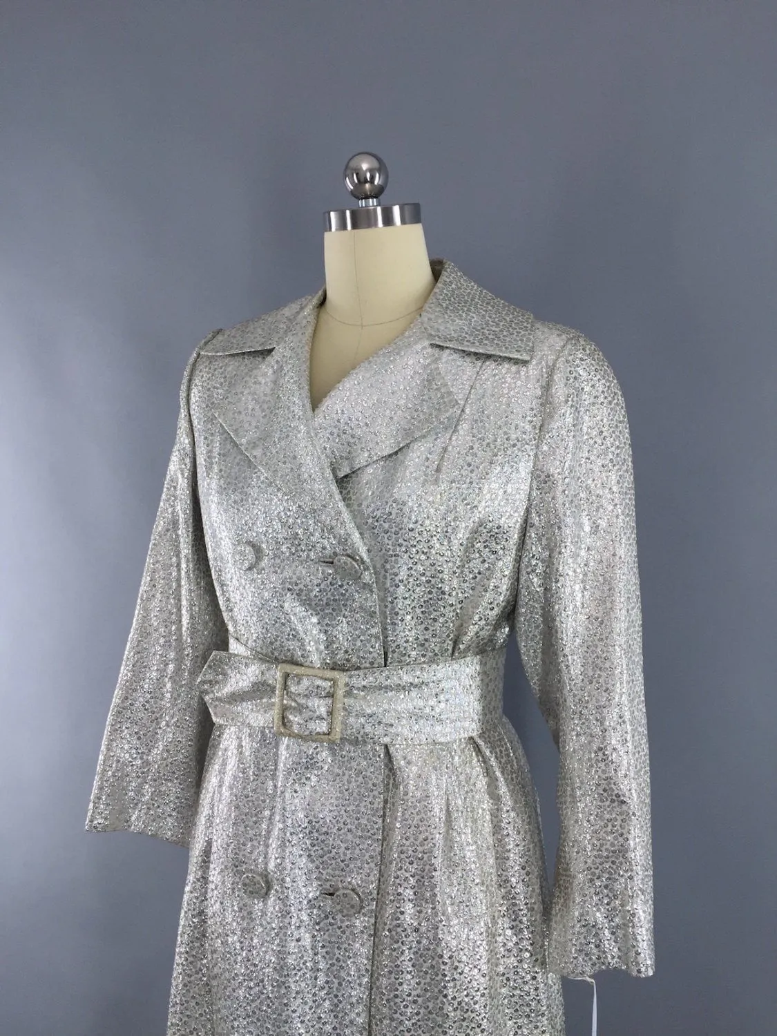 Vintage 1960s Silver Brocade Maxi Coat