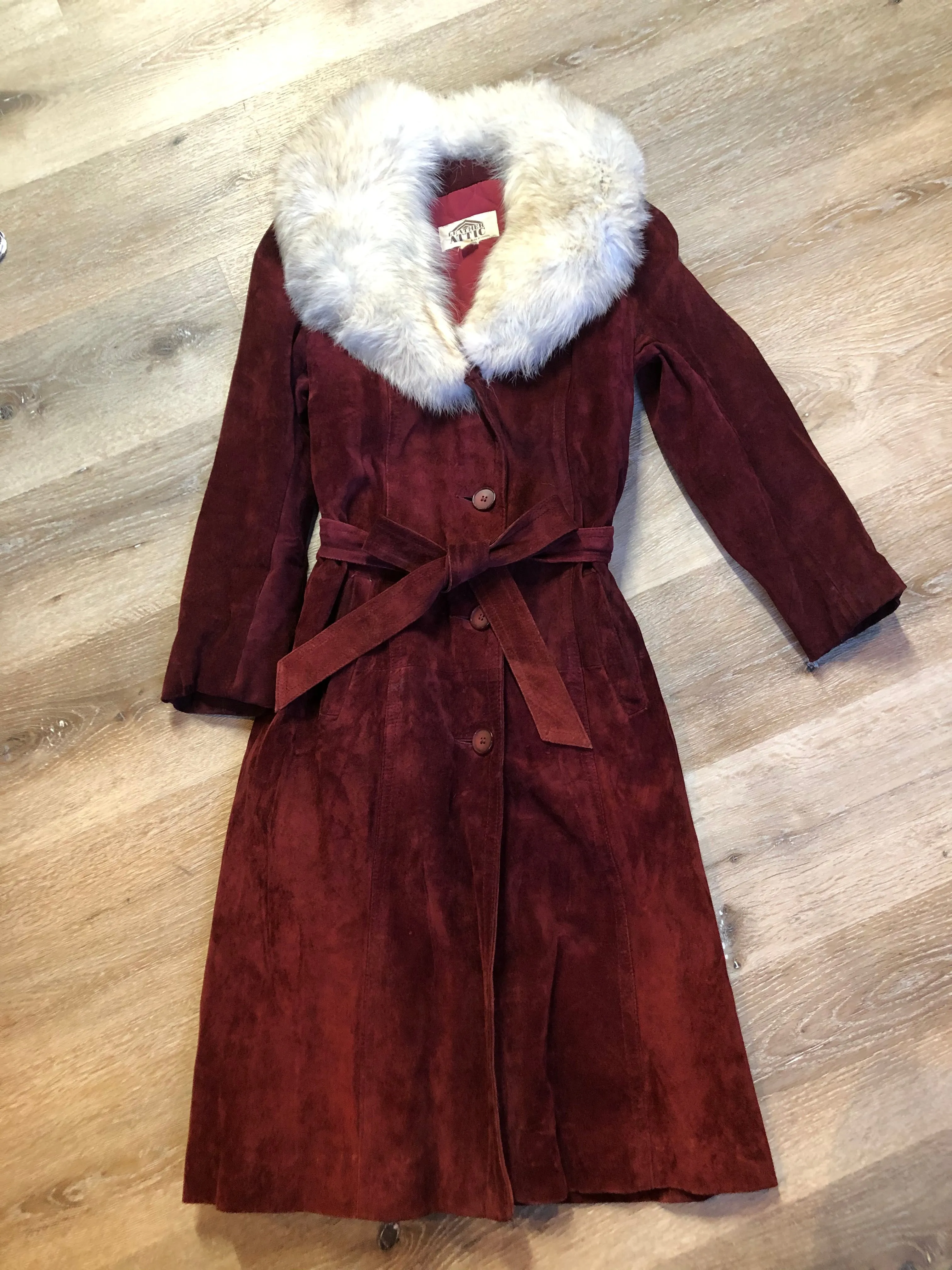 Vintage Leather Attic Oxblood Suede with Fur Collar, Made in Canada SOLD