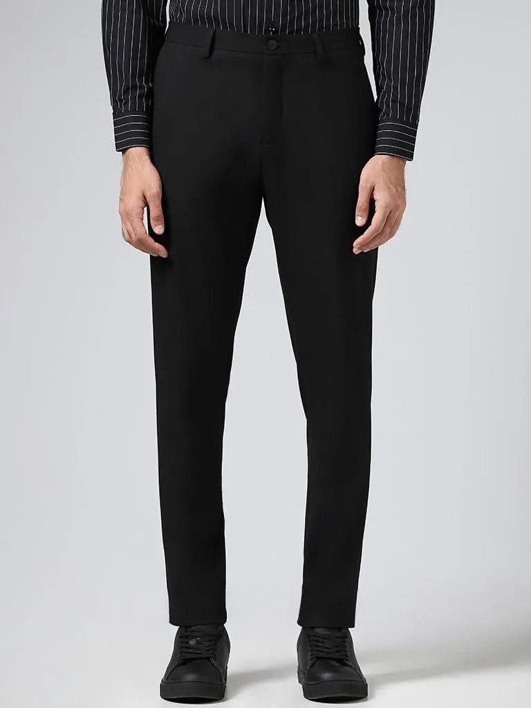 WES Formals Solid Black Slim-Fit Mid-Rise Trousers