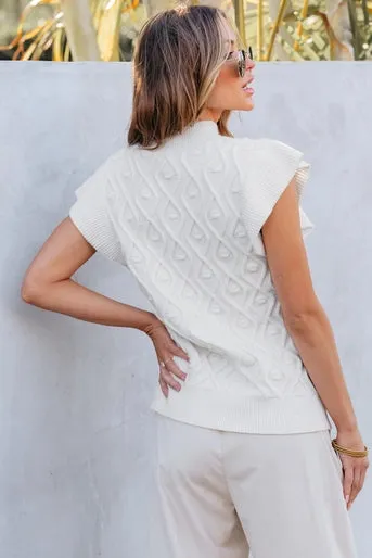 White Ruffle Textured Sleeveless Round Neck Sweater Vest