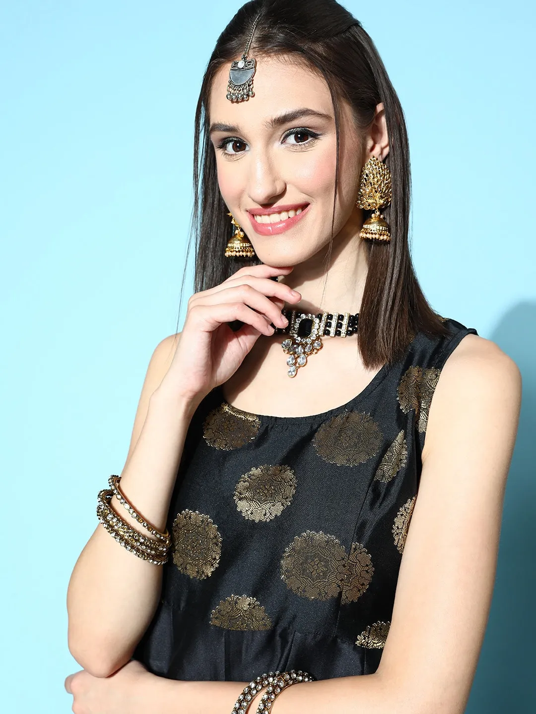 Women Black Brocade Jacquard Sleeveless Anarkali Dress