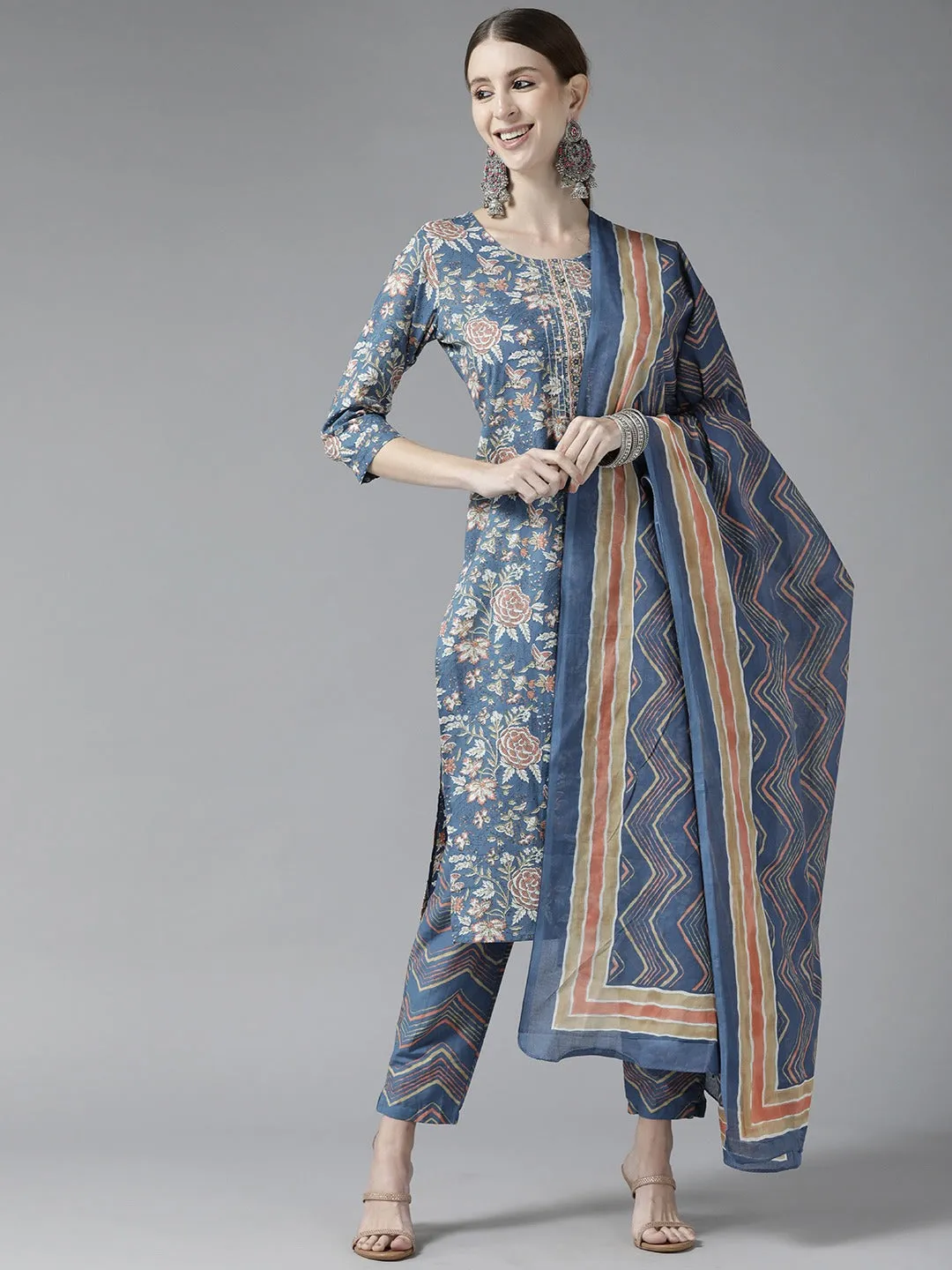 Women Blue Cotton Kurta Set With Dupatta