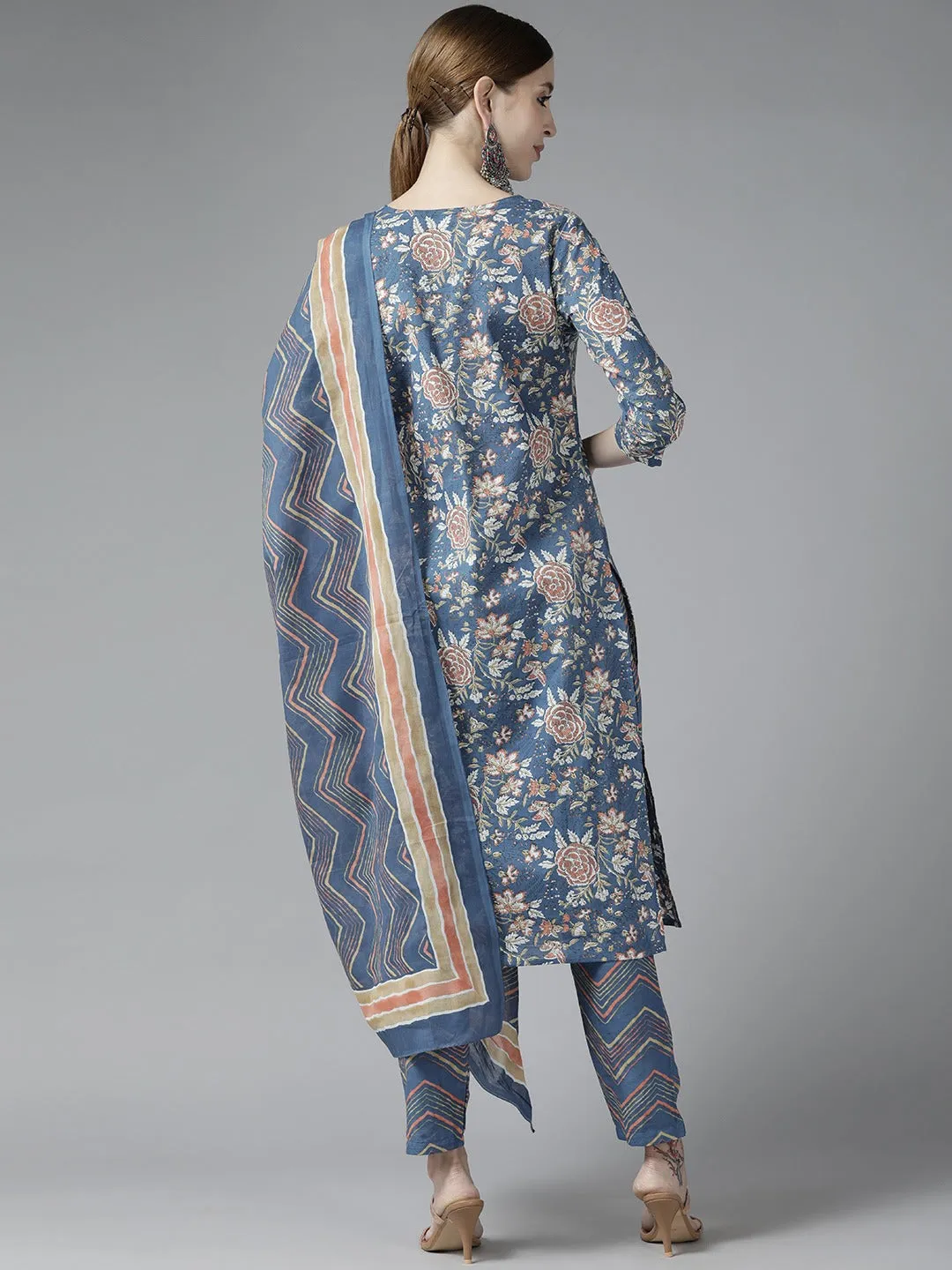 Women Blue Cotton Kurta Set With Dupatta