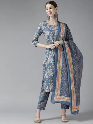 Women Blue Cotton Kurta Set With Dupatta