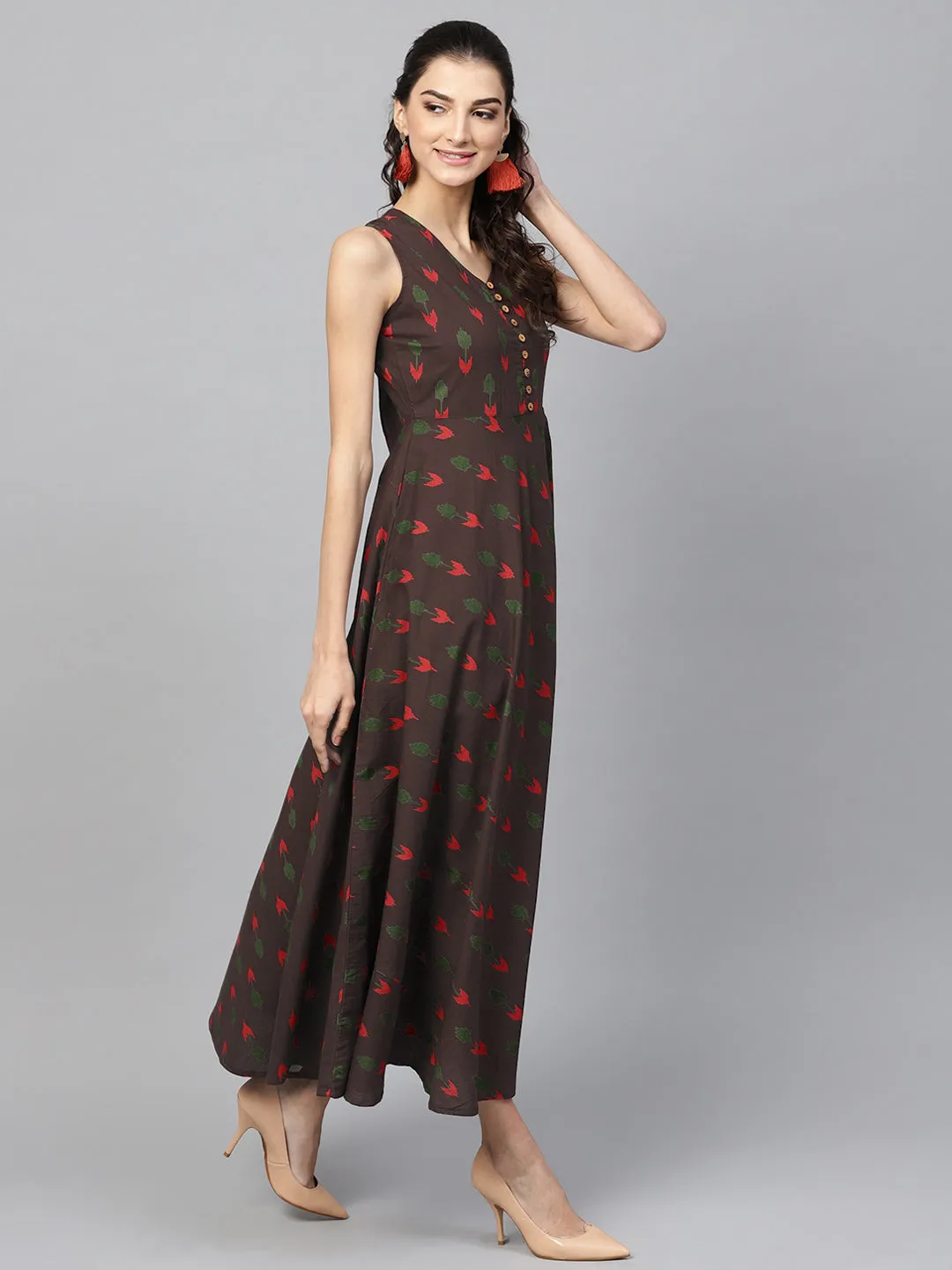 Women Brown Ikat Sleeveless Flared Maxi