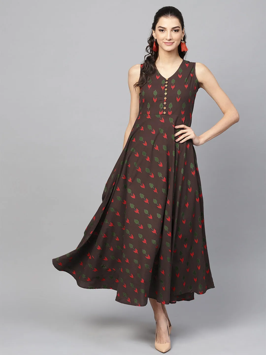 Women Brown Ikat Sleeveless Flared Maxi