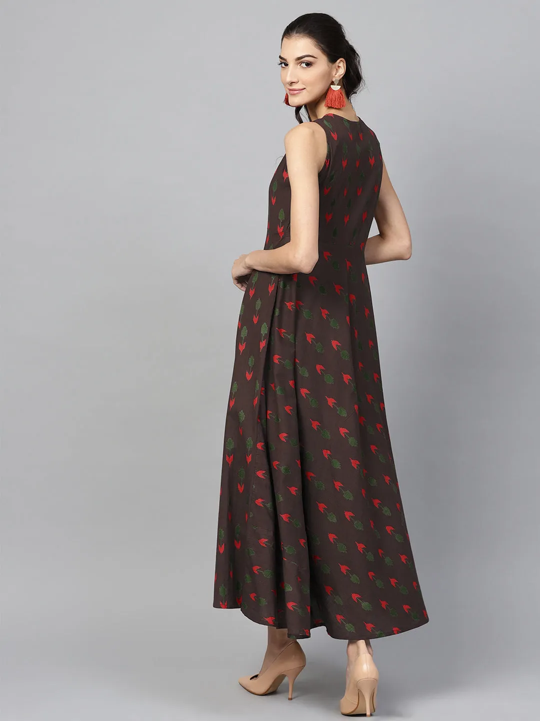 Women Brown Ikat Sleeveless Flared Maxi