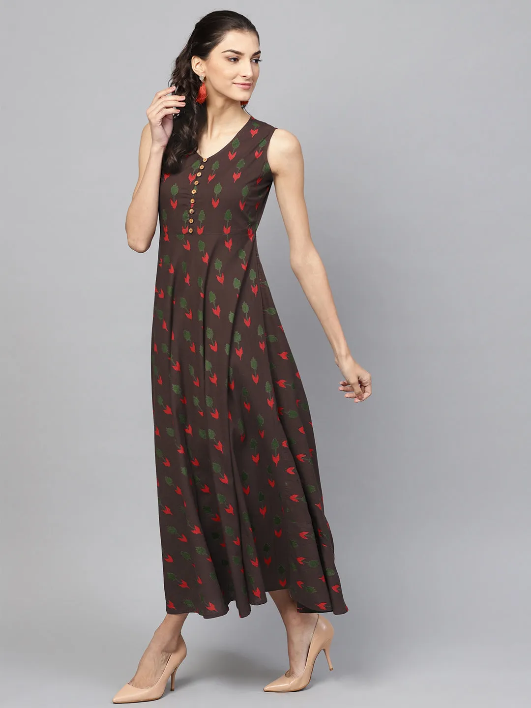 Women Brown Ikat Sleeveless Flared Maxi